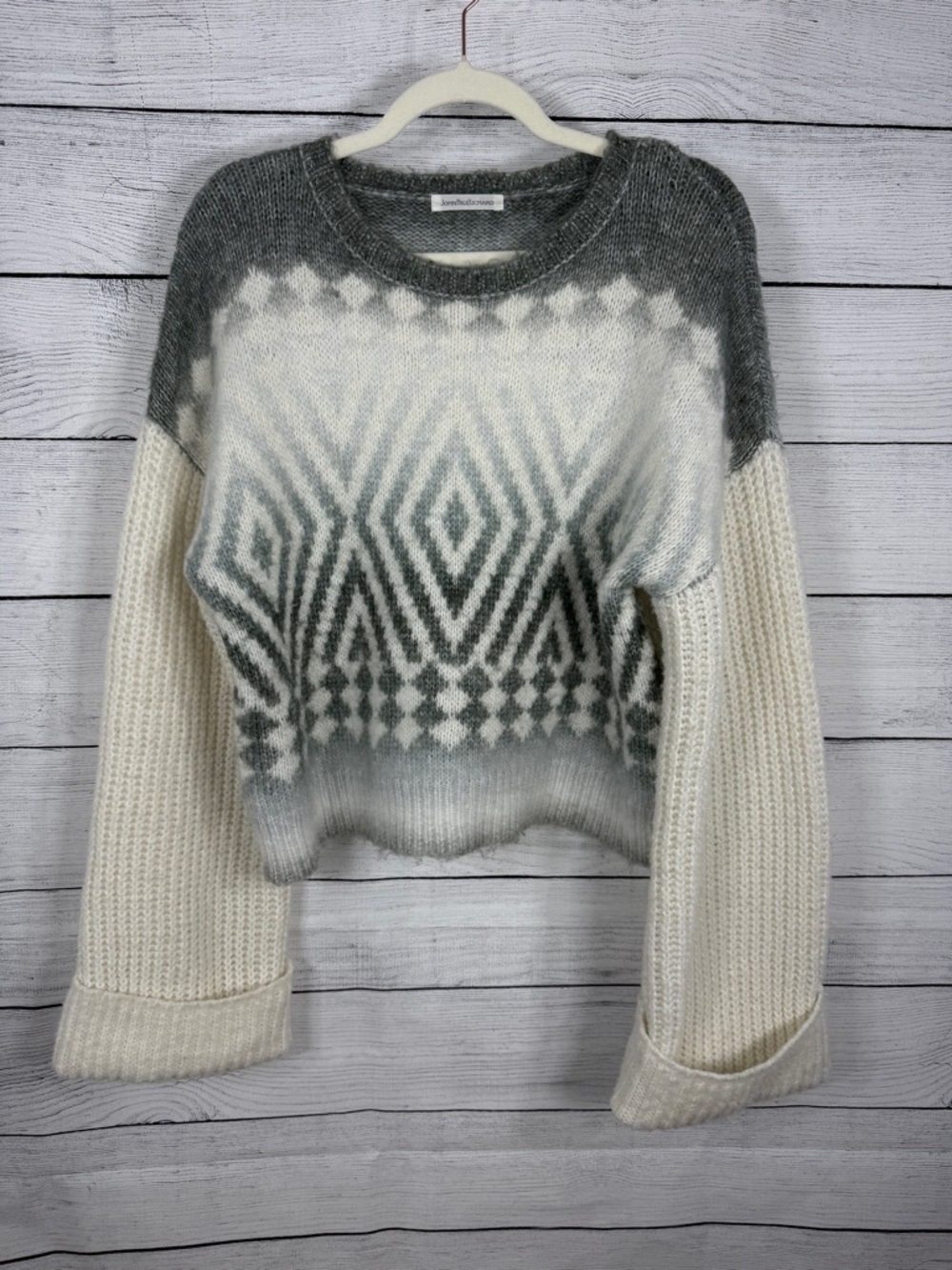 John Paul Richard Gray and Cream Boxy Geometric Patterned Knit Sweater Sz M